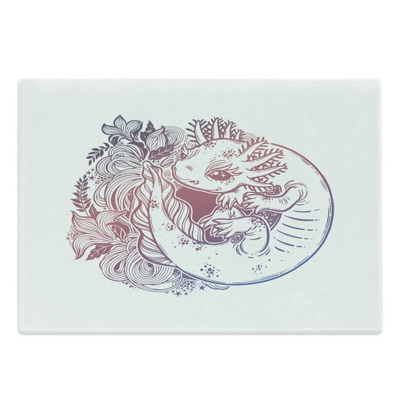 Bohemian Cutting Board, Axolotl Little Salamander Monster with Leaves Boho Dreamy Animal Gradient Colors, Decorative Tempered Glass Cutting and Serving Board, in 3 Sizes, by Ambesonne