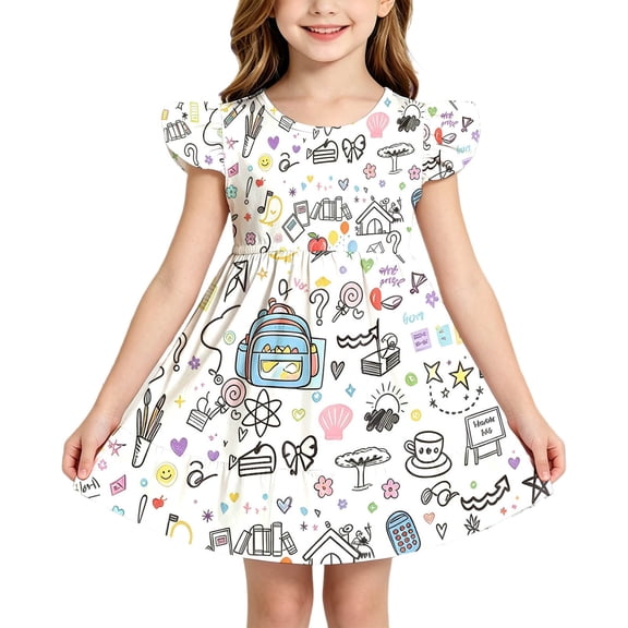 Curuila Toddler Child Girls Dress Flutter Sleeve Cartoon Print Crew Neck For School Fashion Dresses Size 3-4 Years