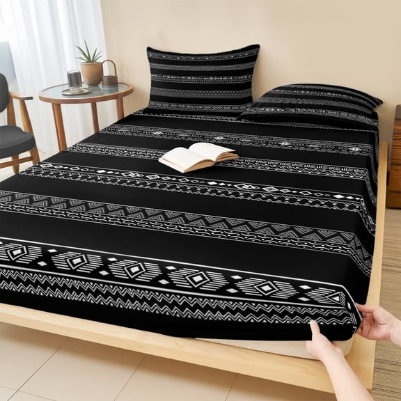 Full Size Fitted Sheet Set - Black White Geometric 3 Piece Bedding Sets 16" Deep Pocket Fitted Sheet with 2 Pillowcases Modern Striped Plaid Abstract Art Brushed Microfiber Hotel Luxury Bed Sheets