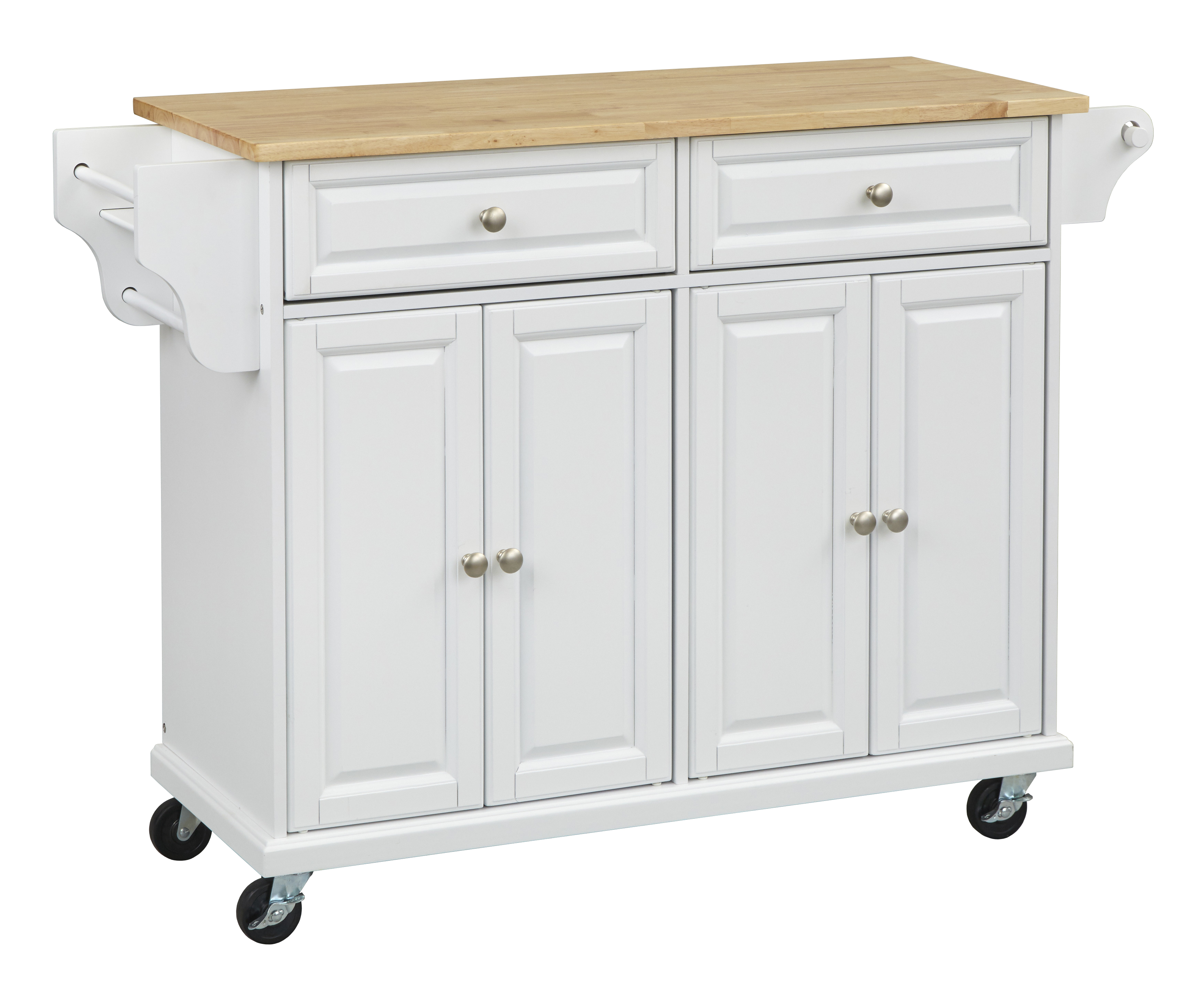 TMS Georgia Butcher Block Rolling Kitchen Island with Drawers, Shelves, Towel Racks, and Spice Rack, White