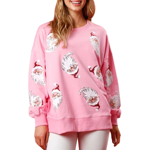 Lucakuins Sudadera con cuello redondo para mujer, holgada, con estampado de lentejuelas de Papá Noel, manga larga, para Navidad Lucakuins moda
