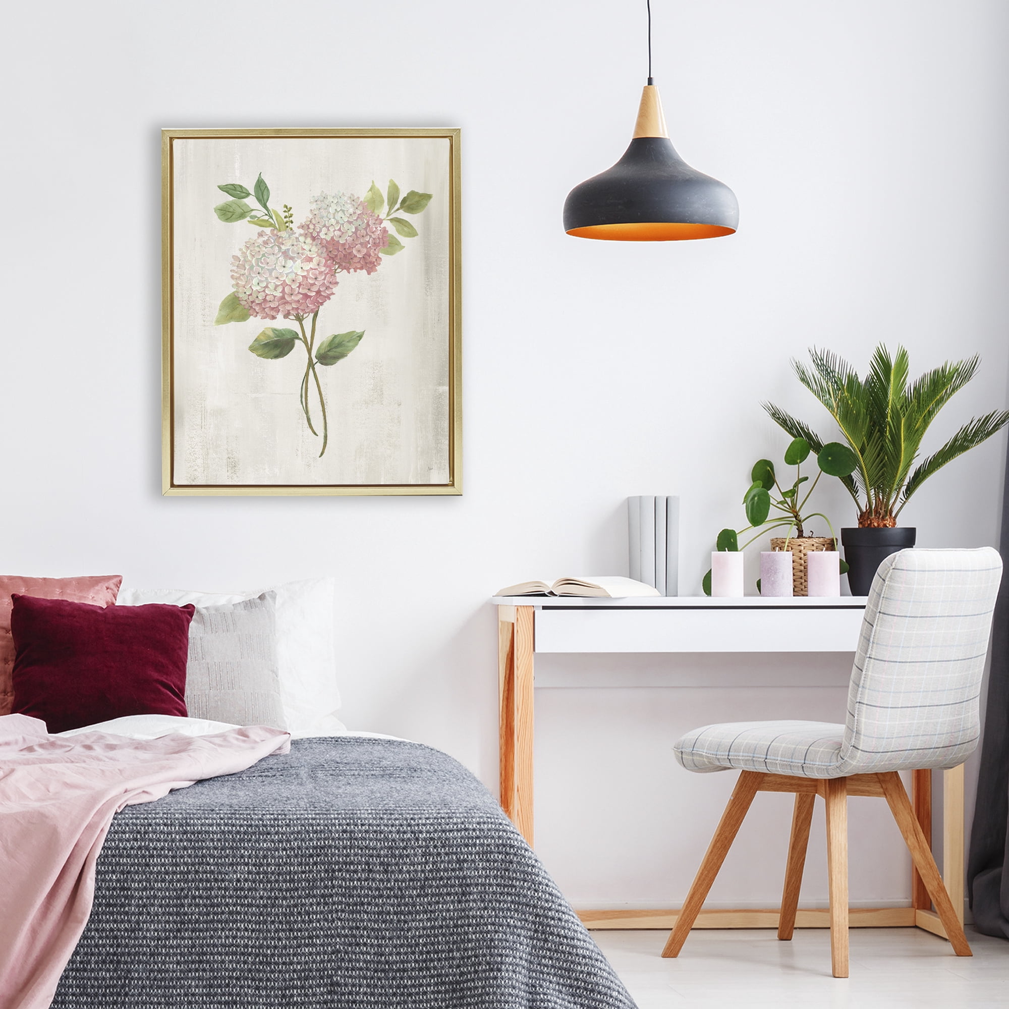 Stupell Industries Pink Hydrangea Paired Stems Gold Framed Floater Canvas Wall Art, design by Nan