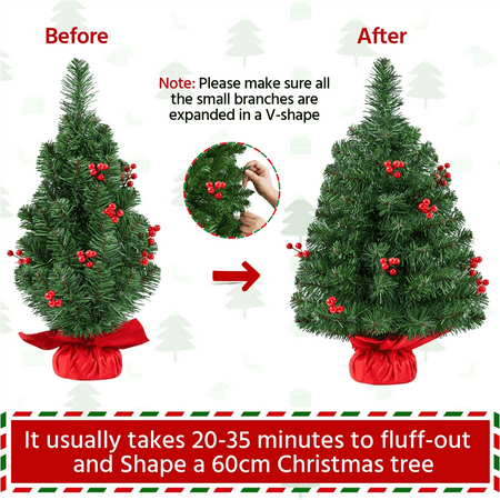 Topeakmart 2 Ft Prelit Tabletop Christmas Tree with 35 LED Warm Toned Lights Red Berries, Green