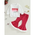 thumbnail image 3 of Elippeo Toddler Girls Fall Outfits 6M 12M 18M 24M 3Y 4Y Letter Print Crew Neck Sweatshirts Plush Patchwork Flare Pants 2Pcs Christmas Clothes Set, 3 of 10