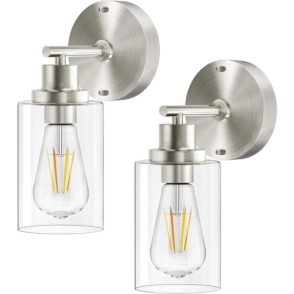 Bathroom Wall Sconces Set of Two: Brushed Nickel Vanity Light Fixtures with E26 Base LED Cordless Indoor Wall Mount Lamp for Mirror Bedroom Hallway Stairway Modern Decor Lighting