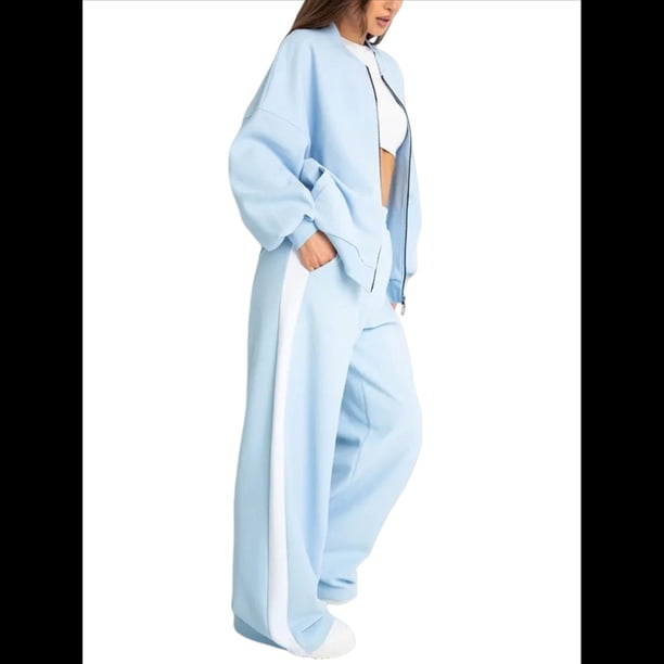 Conjunto de 2 Piezas para Mujer: Sudadera Informal de Larga con Cremallera y Pantalones Deportivos de Pierna Azul S