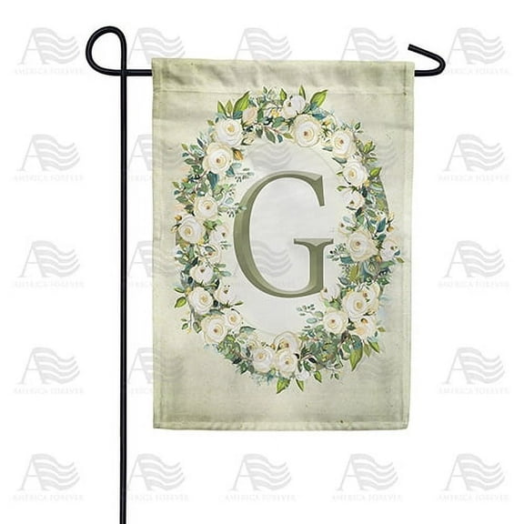 America Forever Spring Monogram Garden Flag Letter G 12.5 x 18 inches Double Sided Vertical Outdoor, Yard, Lawn, Beautiful Floral Wreath, White Flowers, Rose, Summer Themed Garden Flag
