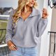 thumbnail image 2 of Tops de jersey de color liso con cremallera y cuello en V de manga larga informales a la moda para mujer Pompotops FGAJ16085, 2 of 9