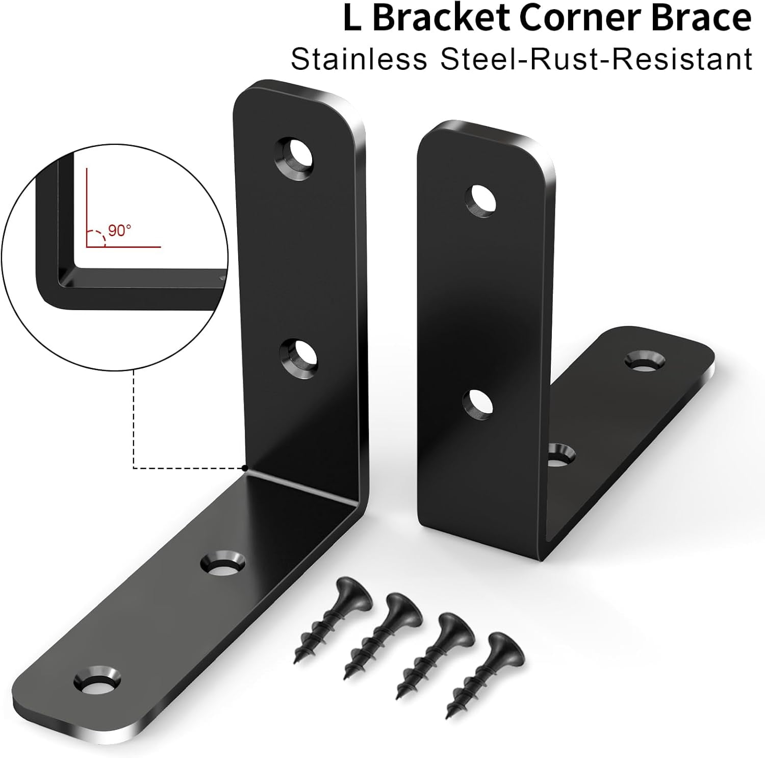L Bracket Corner Brace, 6Pcs 65x65mm Joint Right Angle Brackets Heavy Duty Stainless Steel 90 Degree Bracket Fastener for Wood Shelves Chair Tables Dressers Furniture with Screws, Black