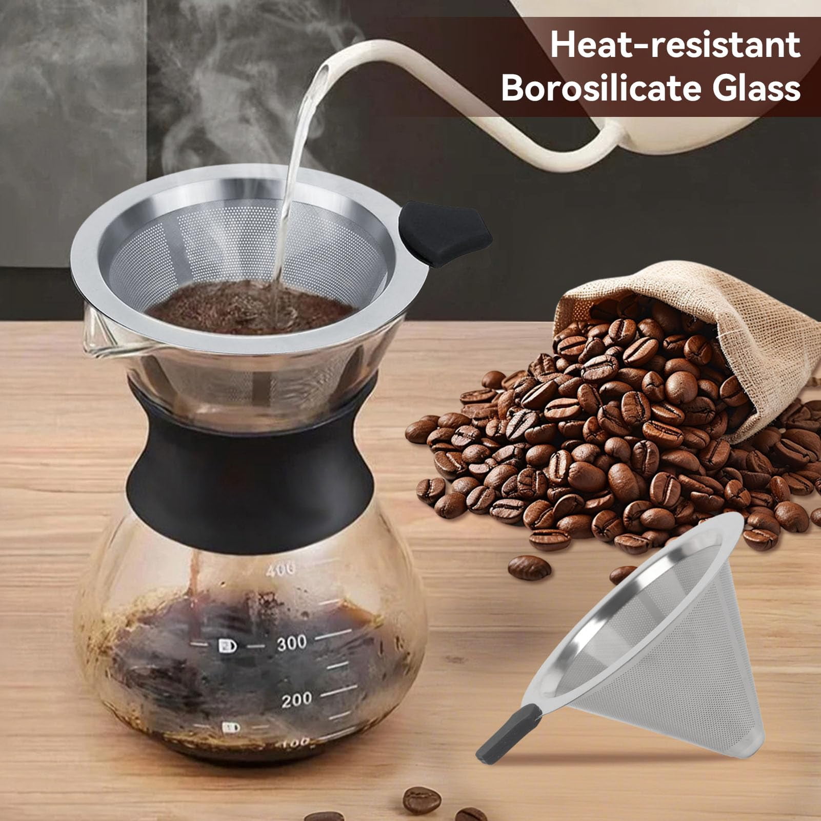 Waayee Pour over Coffee Maker Set, 14 oz Glass and Stainless Steel Single Cup Coffee Brewer with Reusable Filter, BPA-Free