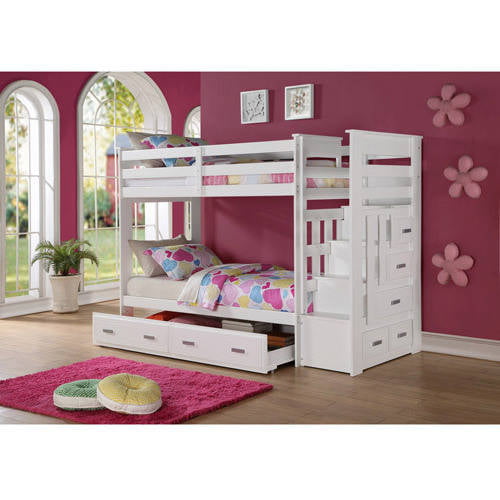 white wooden double bunk beds