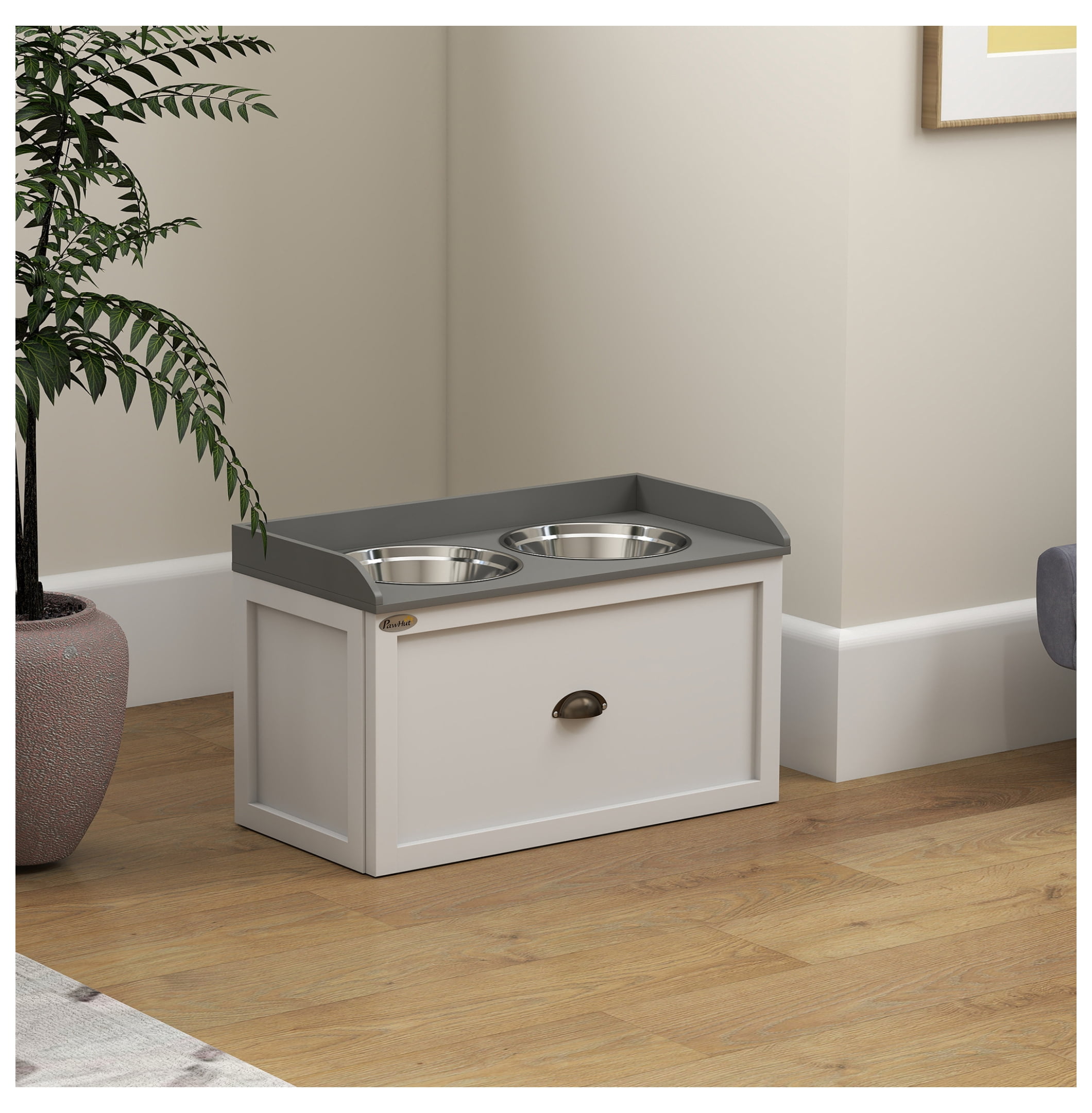 Elevated Dog Bowls with Storage, Pet Feeding Station for Large Dogs, 2 Stainless Steel Bowls, White Dog Diner