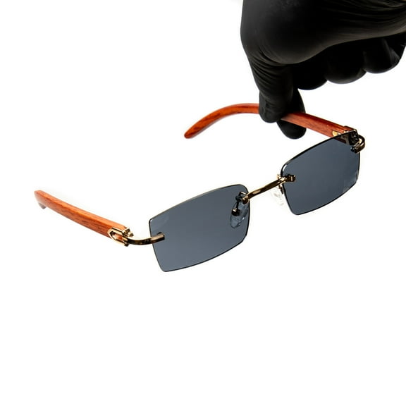 Gold Frame Rectangle Rimless Dark Gray Tint Sunglasses for Men Retro 90s Frameless Vintage Hip Hop Shades