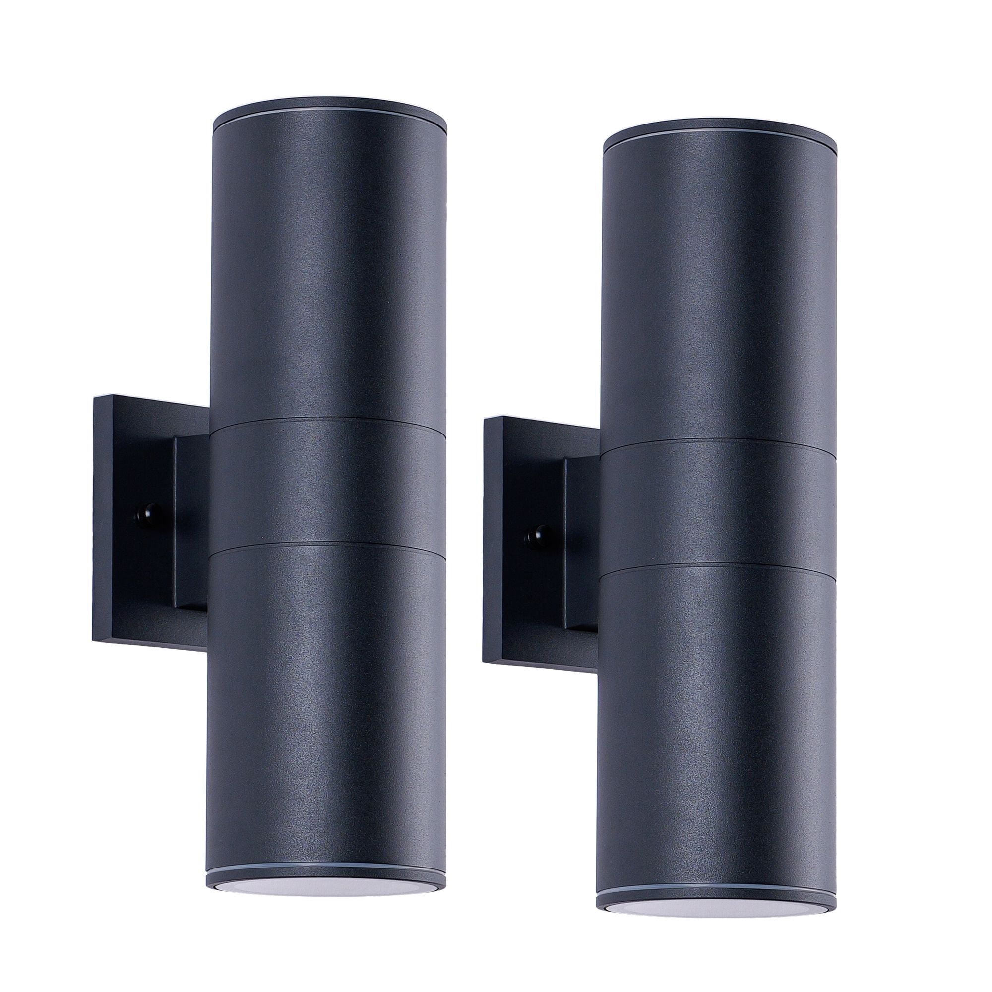 14 Inch Modern Outdoor Wall Sconce, 2-Light IP65 Waterproof Exterior Light, Rust-Resistant Aluminum Cylinder with Tempered Glass, Matte Black, 2-Pack, Bulbs Not Included