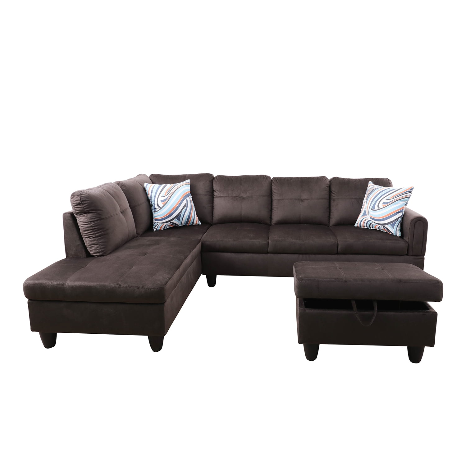Hommoo Flannel 4-Seat Couch Sofa Set, L Shaped Couch Living Room Sofa Set, Sectional Sofa for Home, Apartment, Dorm, Dark Brown(Without Ottoman)