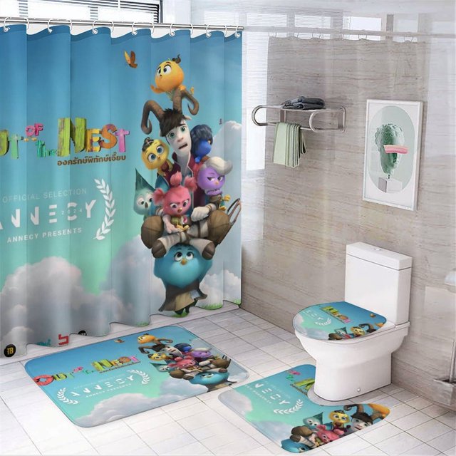 Fuera del nido-theme 4-Piece Shower Curtain Set with Rugs, Waterproof Bathroom Decor Set Includes Bath Mat, U-Shaped Rug, Toilet Lid Cover and Curtain with Hooks