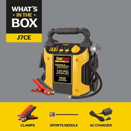 EVERSTART MAXX 1000 PEAK AMP JUMP STARTER WITH 120 PSI COMPRESSOR, PIVOTING LED LIGHT, 3X USB PORTS