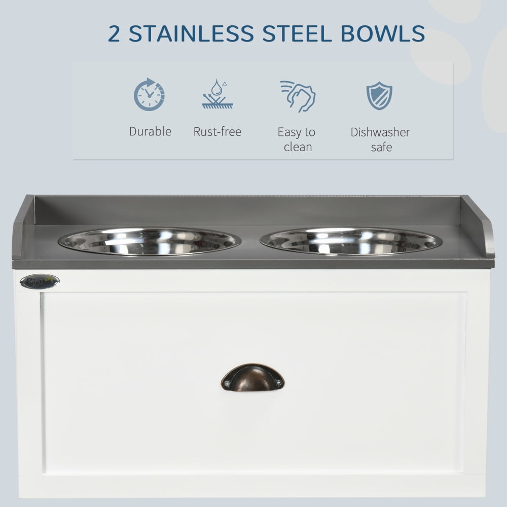 White Elevated Dog Feeding Station with Storage & 2 Bowls
