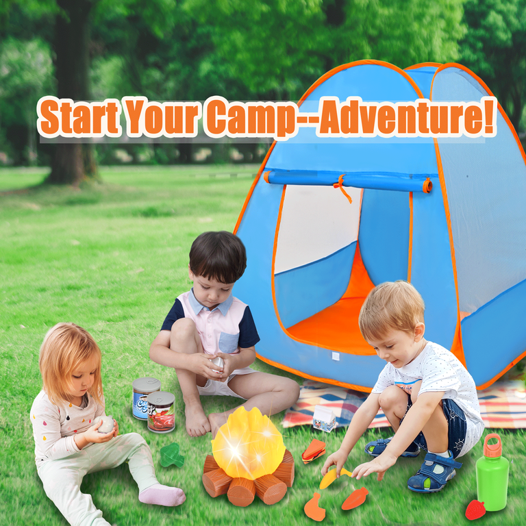 Qtioucp Kids Camping Set 50pcs with Tent & Space Projector Flashlight-  Outdoor Campfire Toy Set for Toddlers Kids - Pretend Play Camp Gear Tools  for