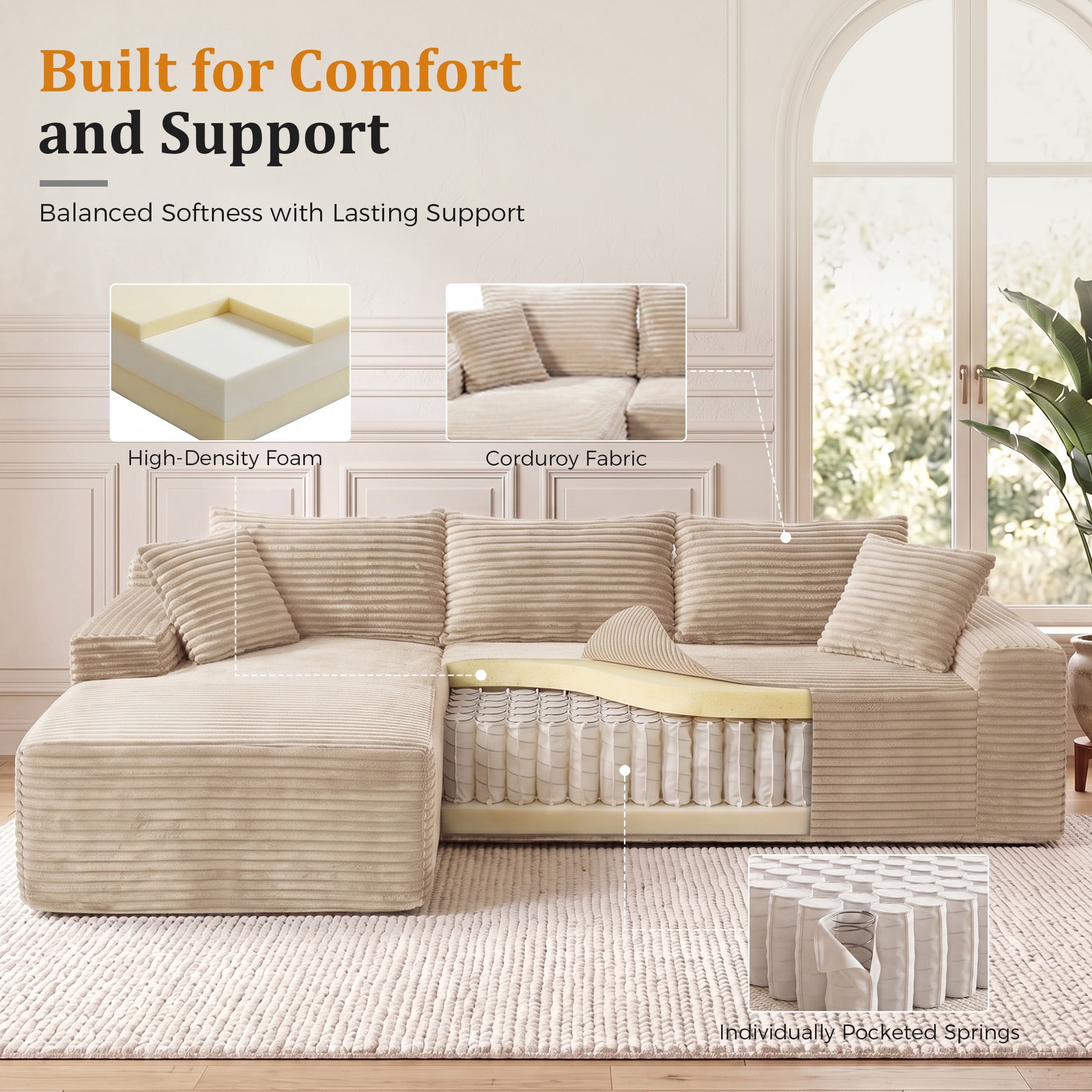 Aenkyo 106 Inch Corduroy L-Shaped Cloud Sectional Sofa with Reversible Chaise, Camel