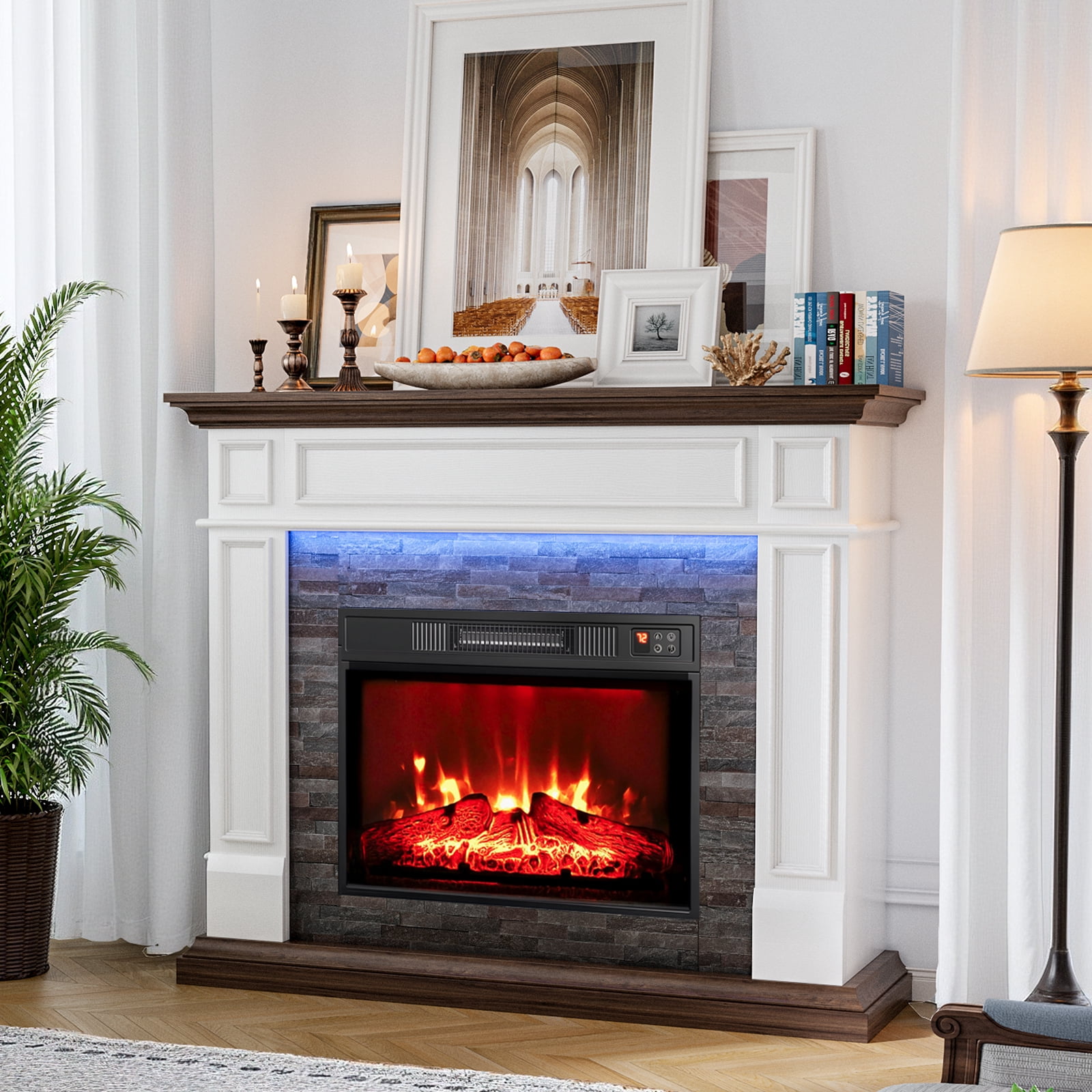 Holliwill Electric Fireplace Mantel, 44" Freestanding Fireplace Heater with LED Lights, Infrared Quartz Heater, 1400W, White & Brown