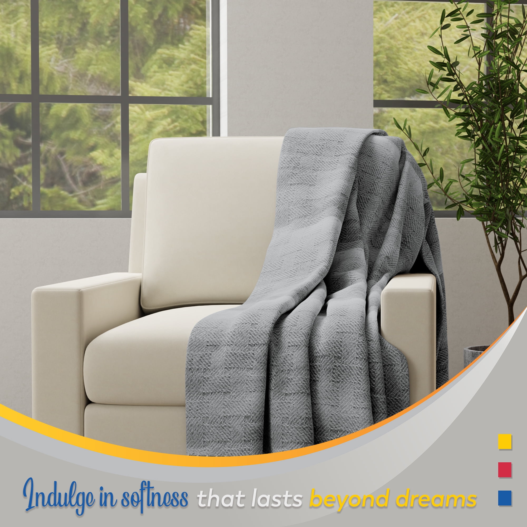 Color Sense 100% Cotton Basket Weave Throw Blanket- Lightweight, Soft and Warm for Couch, Sofa and Bed- Full/Queen (90"X90") Light Gray