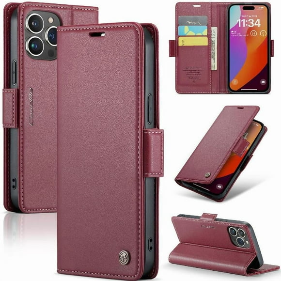 Funda tipo cartera iPhone 15 Pro con cierre magnético, RFID, tarjetero, soporte, carga inalámbrica