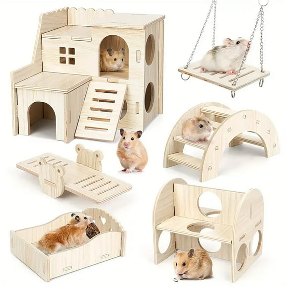 6 Pcs Wood Hamster Toy, Hamster House Bed Seesaw Bridge and Swing for Dwarf Gerbil Mouse