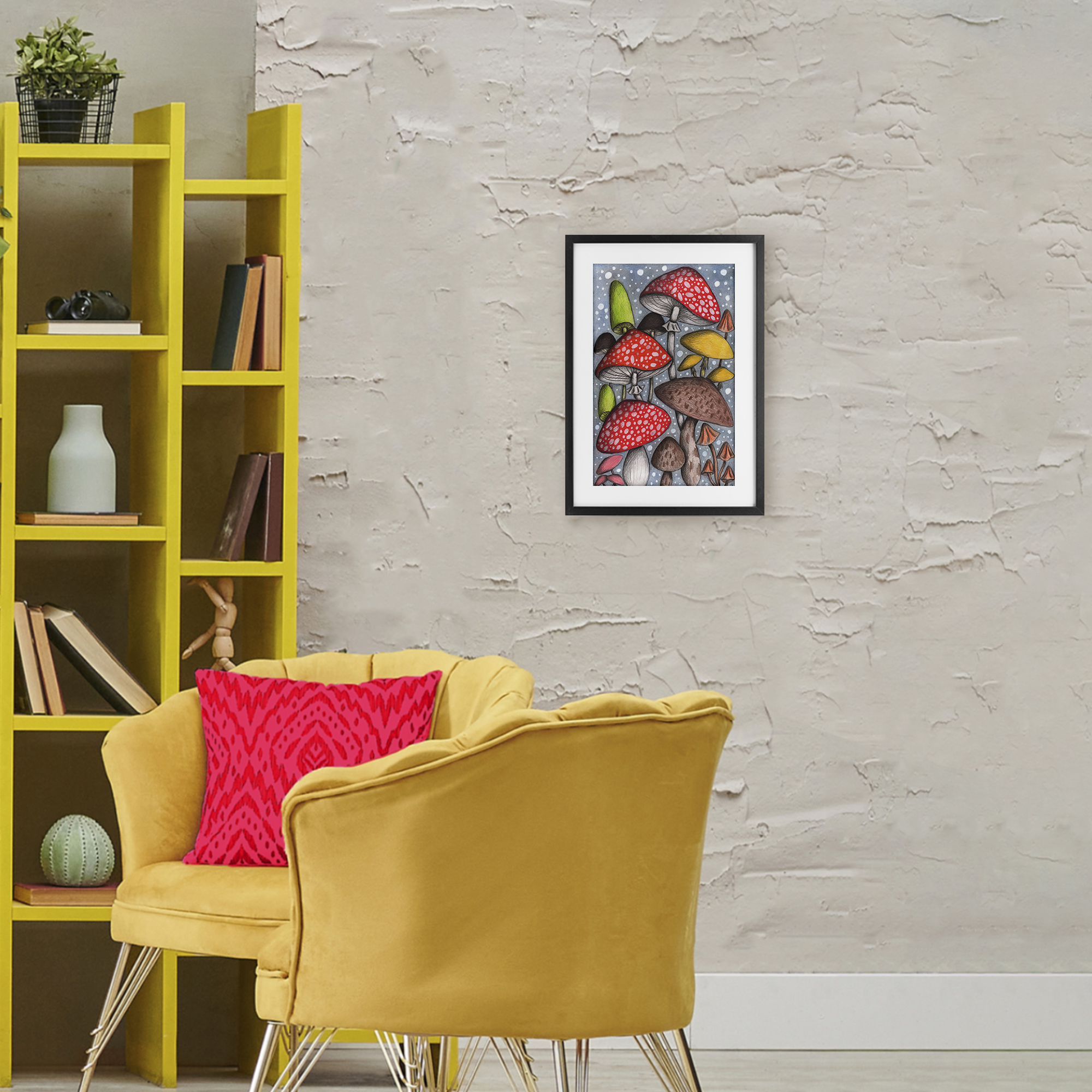 Sketched Magical Mushrooms Black Framed Print Under Glass, design by Cecilia Battaini