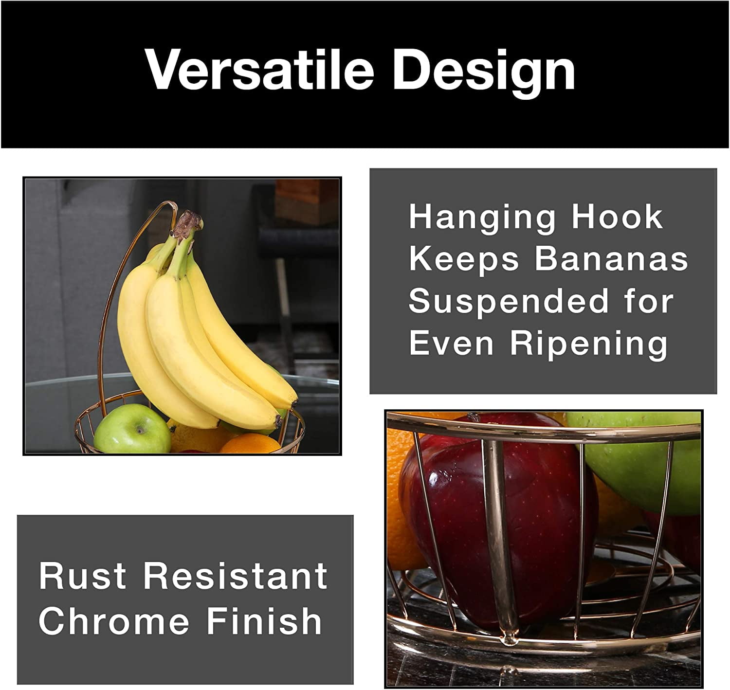 Smart Design Banana and Fruit Basket Bowl Hanger Holder Stand - Steel Metal Frame - Basket Holds 10 lbs. - Fruits, Vegetables, Food Storage and Display - Kitchen - 9.9 x 13.4 Inch - Rose Gold