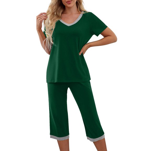 WCMZJ Capri Pajama Sets for Women Short Sleeve Tops Sleepwear Sleep Sets Pjs Sets Soft Two Piece Loungewear Sets