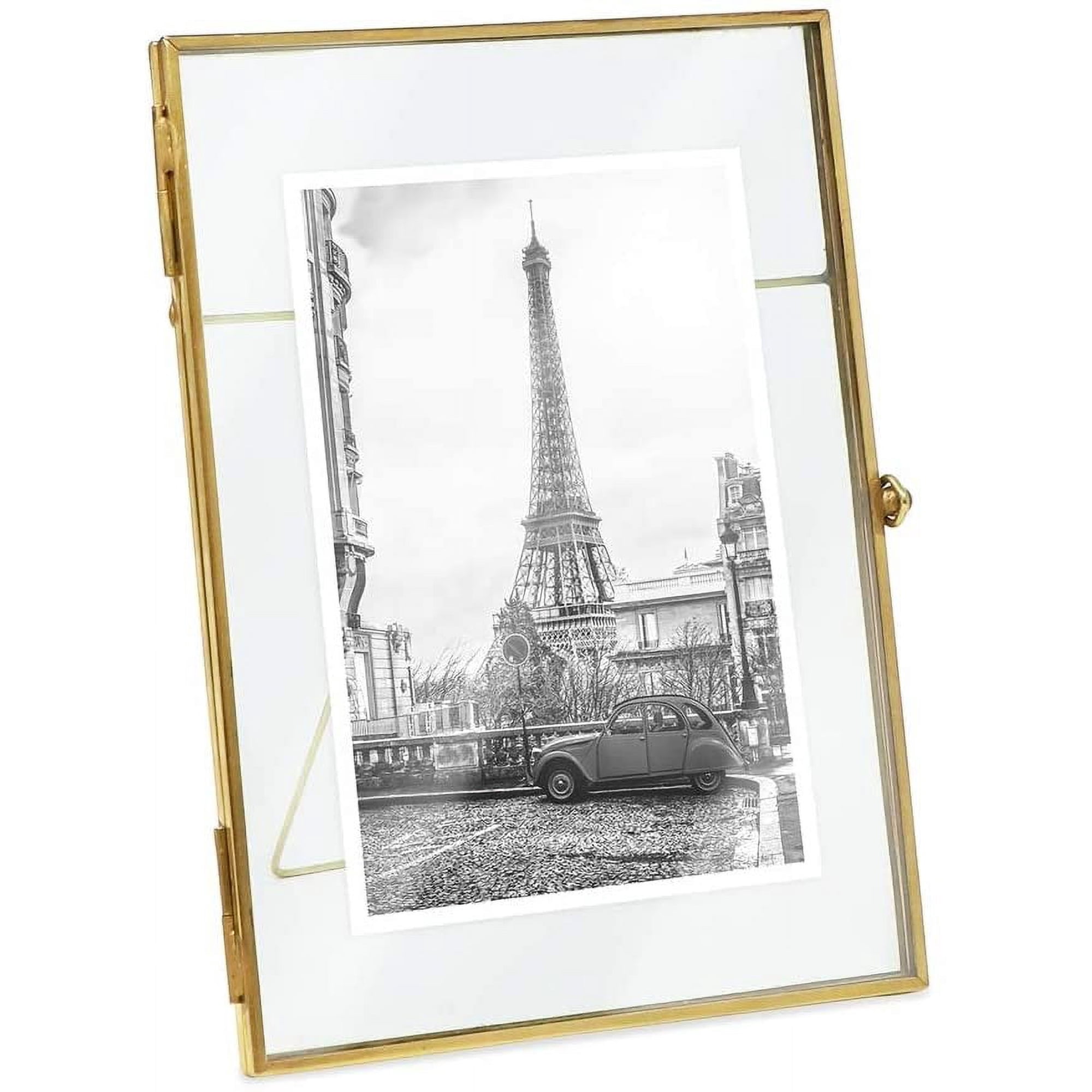 Isaac Jacobs 5x7, Antique Gold, Vintage Style Brass and Glass, Floating Desk Photo Frame Vertical, with Locket Bead Clasp Closure