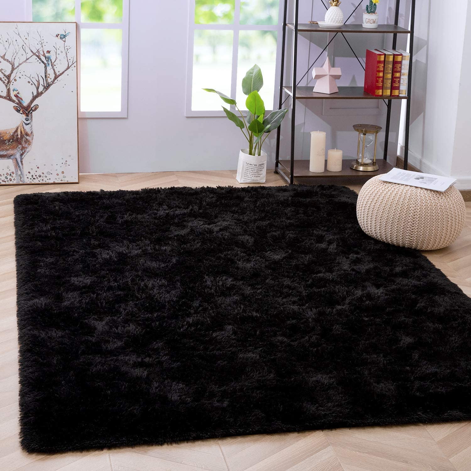 Lochas Ultra Soft Indoor Modern Area Rugs Fluffy Living Room Carpets for Children Bedroom Home Decor Nursery Rug 4' x 5.3', Black