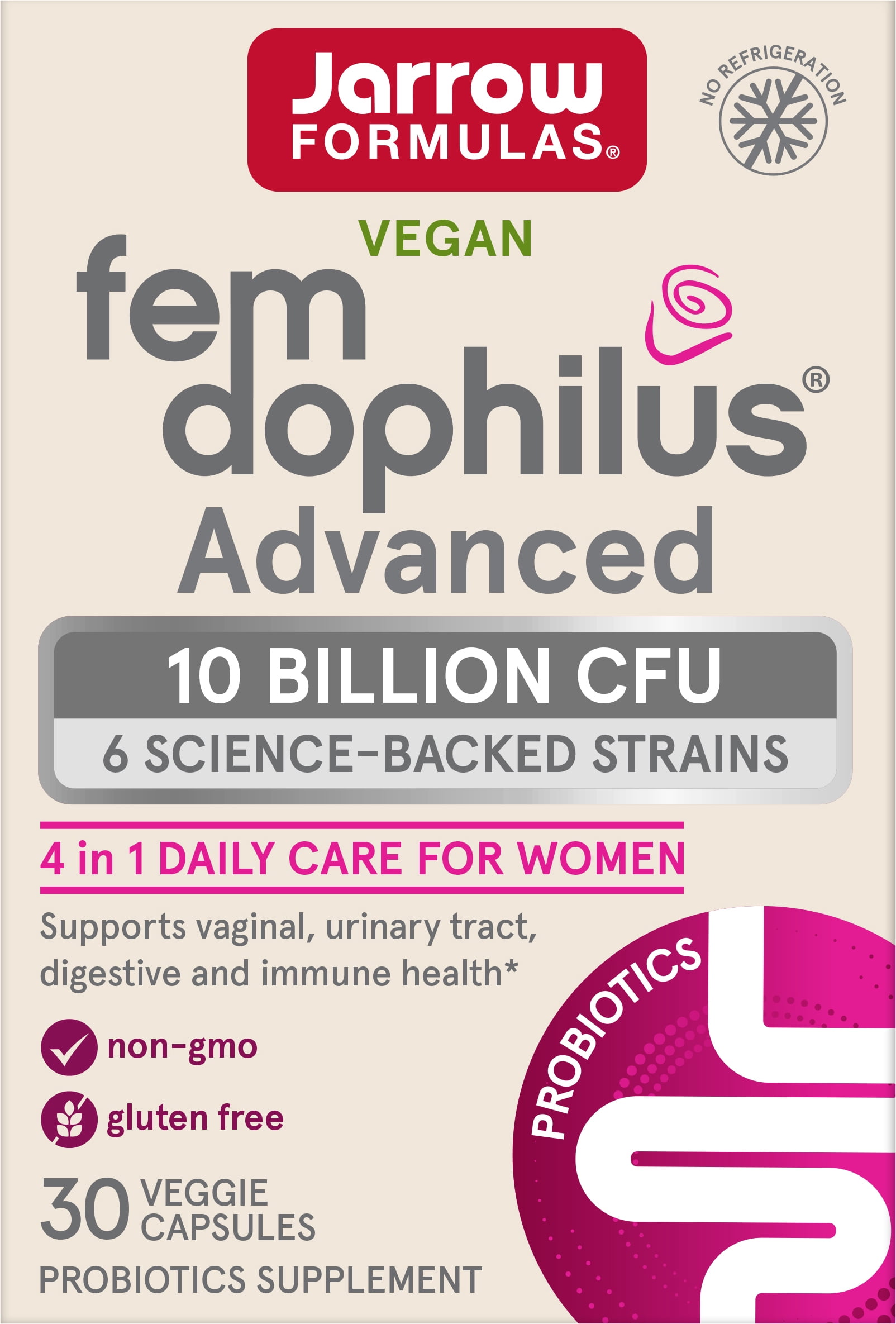 Jarrow Formulas Fem-Dophilus Advanced Vaginal & Digestive Probiotics 10 Billion CFU With 6 Science Backed Strains, For Vaginal, Urinary Tract, Digestive & Immune Support, 30 Capsules, Shelf-Stable