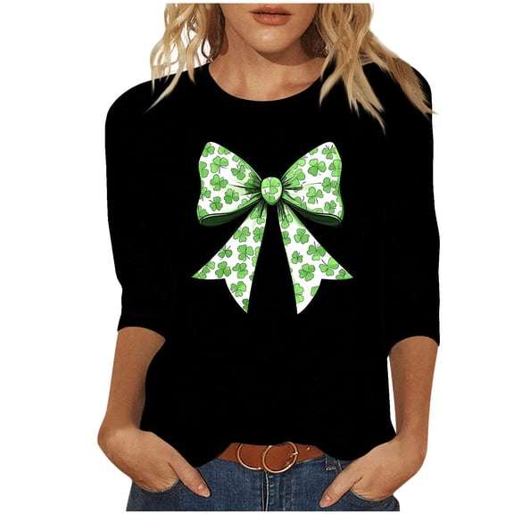 St Pattys Shirts Women Crew Neck 3/4 Sleeve Womens Tops Clover Bow Print Shirt Fashion Trendy Blouses Casual Loose Fit Tees Tops
