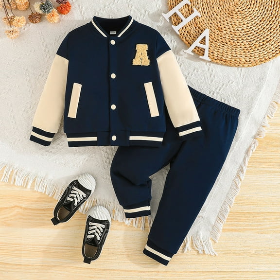 GBSYEWXS Outfits Sets For Child boys V-Neck Long Sleeve Athleisure Top Pant Letter Print Baseball Outfit Set Navy Size 9-12 Months