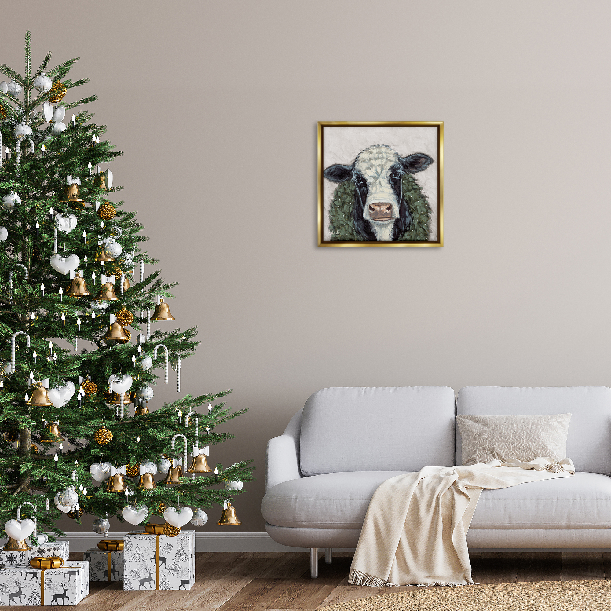 Stupell Industries Spotted Cow with Wreath Holiday Painting Gold Floater Framed Canvas Art Prints Wall Art, 25 x 25