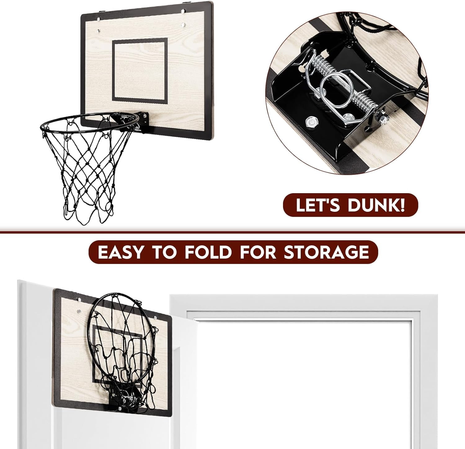 Indoor Mini Basketball Hoop Set for Kids Teens Adults, Wooden Over-The-Door Hoop with 4 Balls and Air Pump
