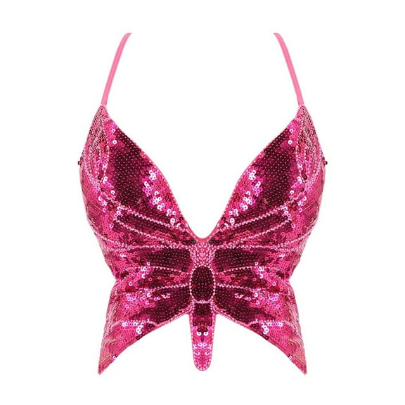 WNEGSTG Carnival Tank Top for Women, Sleeveless V Neck Sequin Blouse, Bandage Sparkly Crop Dance Vest Costume Bra Belly Outfits Women's, Pink