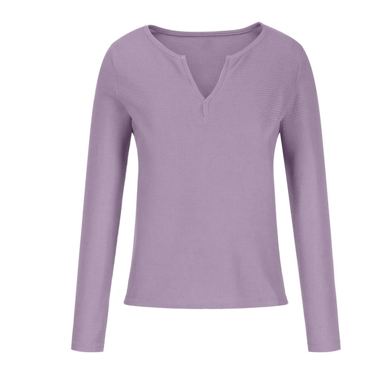 RYRJJ Women's V Neck Waffle Knit Henley Tops Casual Loose Long Sleeve Soft  Comfy Pullover Sweater Blouses(Purple,L)