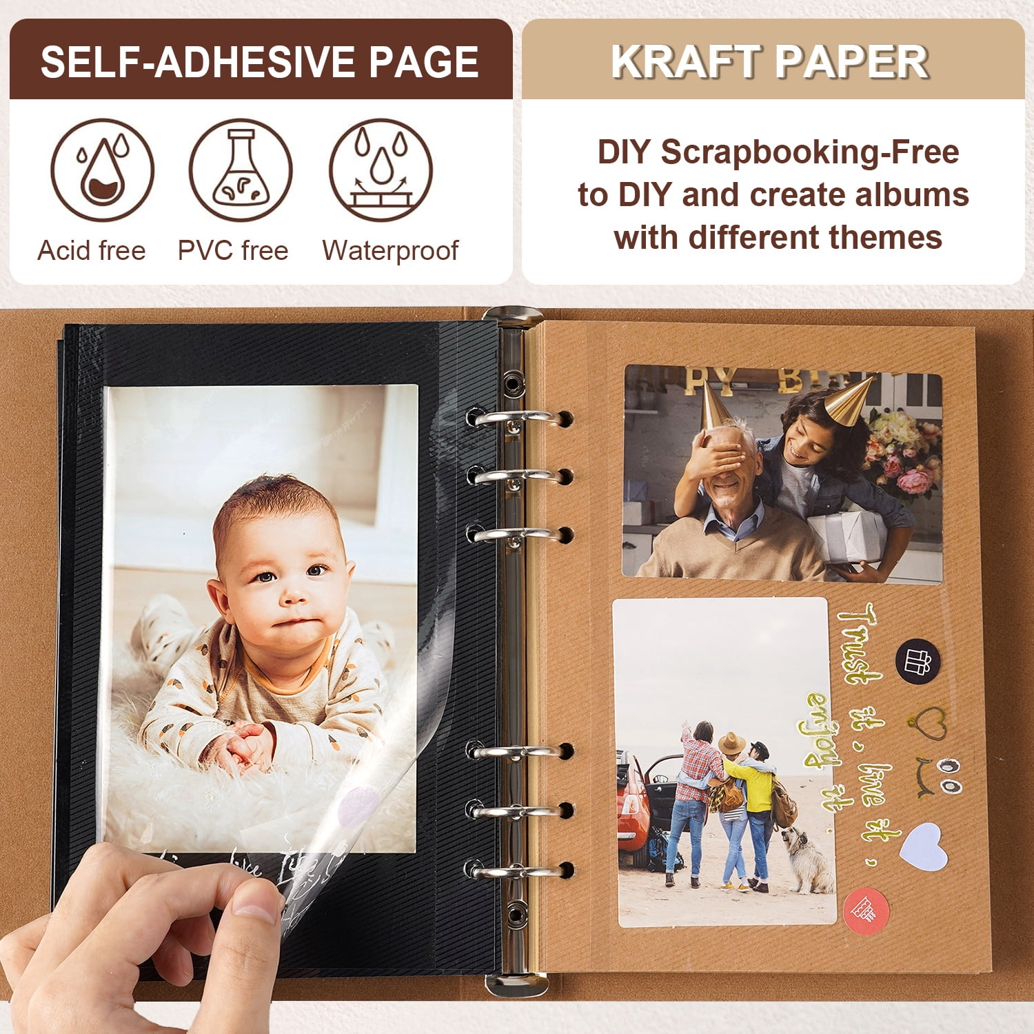 TJT 104 Pages Scrapbook Album, Self Adhesive Photo Album DIY Photo Book, Leather Memory Book for Wedding Baby Family Travel Birthday Christmas Khaki