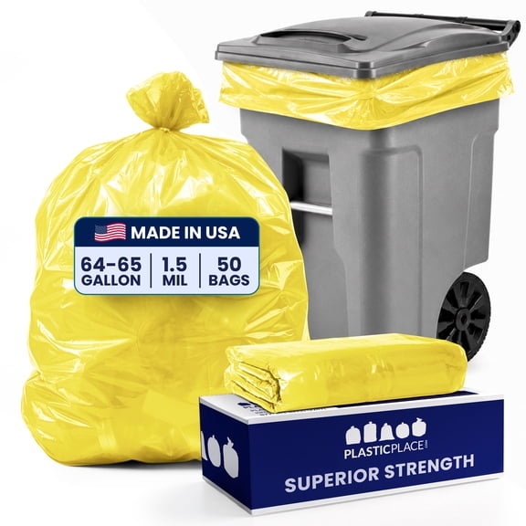 Plasticplace 64-65 Gallon Trash Can Liners for Toter │ 1.5 Mil │ Yellow Heavy Duty Garbage Bags │ 50” x 60” (50 Count)