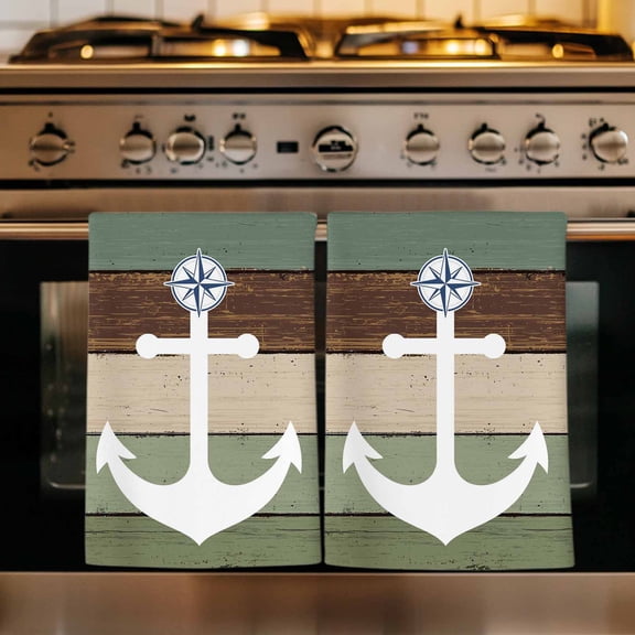 Coastal Anchor Kitchen Towels Set of 3, Sage Green Brown Retro Wooden Grain Absorbent Dish Towels for Kitchen, Microfiber Hand Towel, Quick Drying Tea Towel for Cleaning Decorative Dishcloths