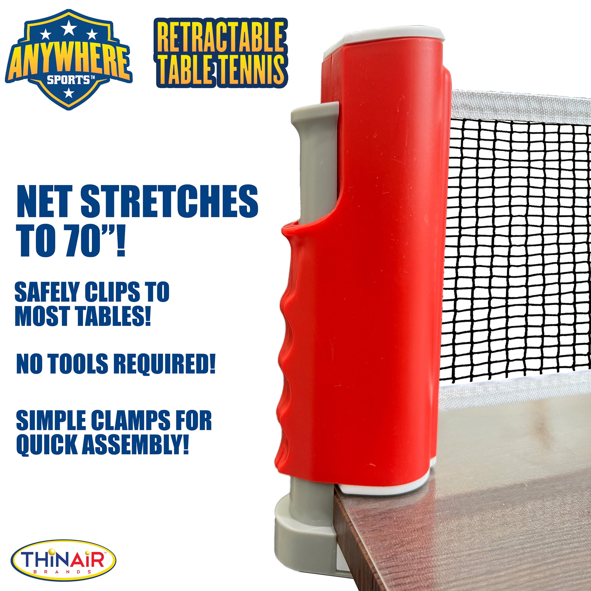 Anywhere Sports: Retractable Table Tennis - 6pc Sports Game Set, Extends To 70", Net, Paddles, Ping Pong Balls, Mesh Storage Bag, Indoor-Outdoor Play