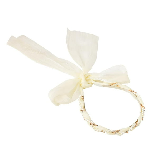 Ribbon Headband White Pearl Headbands for Women Hairband with Ribbon Pearl Rhinestone Hair Band Head Bands for Women's Hair Non Slip Ribbon Scarf Headband Pearl Hair Accessories for Beach Wedding