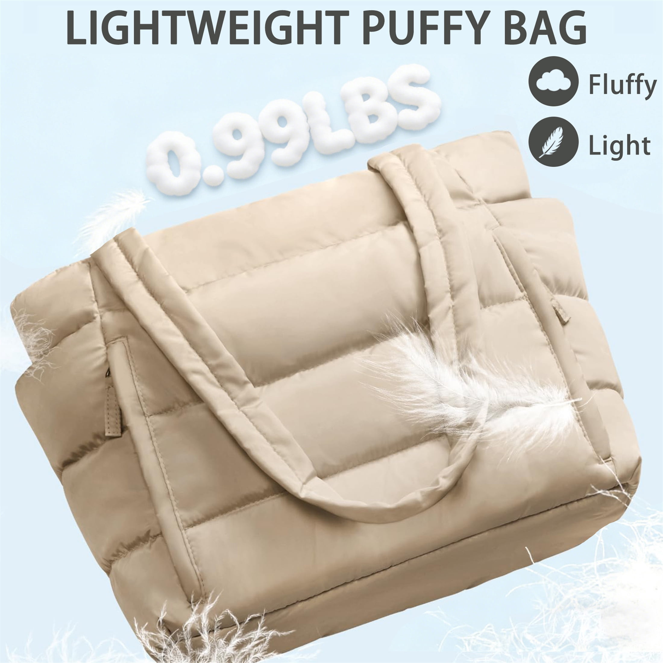 Puffer Tote Bag for Women, Large Capacity Lightweight Quilted Shoulder Bag, Waterproof Handbag for Work, Travel, Gym, Camel