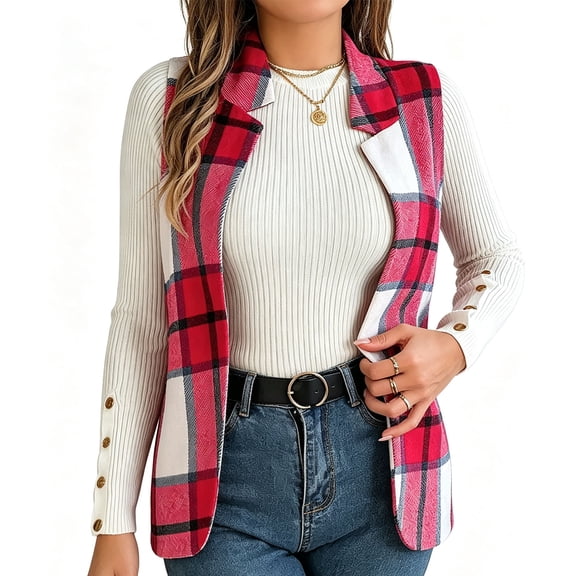 JUUNthy Women's Vest Blazer Jacket, Plaid Open‑Front Lapel Collar Sleeveless Fall Casual Fashion Cardigan Outerwear Red M