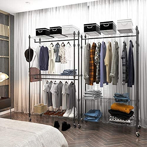 Homemart Clothes Rack without Wheels Double Garment Rack Rolling Rack for  Indoor Bedroom Portable Closet 2-Pole Iron Clothes Hanger Rack Modern