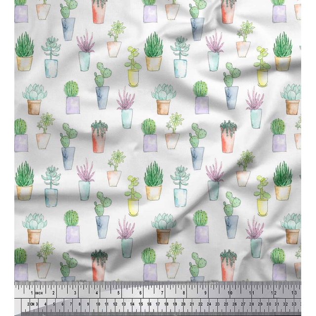 Soimoi Blanc Poly Georgette Tissu Cactus Feuilles Tissu Imprimé par Yard 52 Pouces de Large
