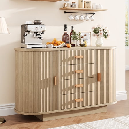 Space-Saving Modern Fluted Sideboard Buffet Cabinet – 47 Storage Console with 4 Drawers & Arched drum-style Sliding Doors – Multi-Functional Dining Room Kitche – Light Oak Color